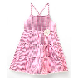 Babyhug Seer Sucker Yarndyed Checks Singlet Frock With Corsage - Pink