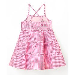 Babyhug Seer Sucker Yarndyed Checks Singlet Frock With Corsage - Pink