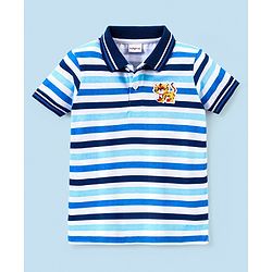 Babyhug Cotton Knit Half Sleeves Striped Polo T-Shirt Tiger Patch - White & Blue