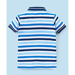 Babyhug Cotton Knit Half Sleeves Striped Polo T-Shirt Tiger Patch - White & Blue