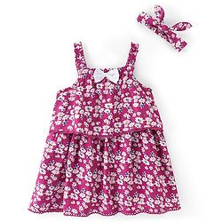 Babyhug Singlet Sleeves Rayon Woven Floral Printed Frock with Headband - Maroon