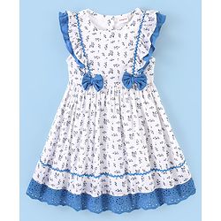 Babyhug Rayon Sleeveless Frock With Bow Applique Floral Print- Blue & White