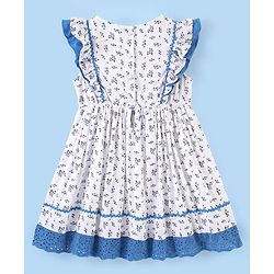 Babyhug Rayon Sleeveless Frock With Bow Applique Floral Print- Blue & White