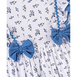 Babyhug Rayon Sleeveless Frock With Bow Applique Floral Print- Blue & White