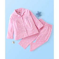 Babyhug Cotton Knit Full Sleeves Night Suit Star Print - Pink