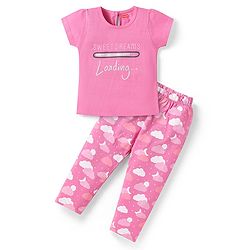 Babyhug Cotton Knit Short Sleeves Clouds Printed Night Suit - Pink