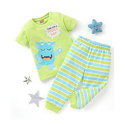 Baabyhug Cotton Knit Half Sleeves Night Suit Monster Print - Green & Multicolor