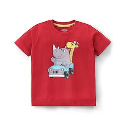 Babyhug Cotton Half Sleeves T-Shirt Hippo & Giraffe Print- Red