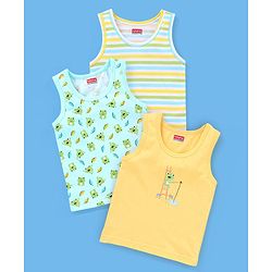 Babyhug 100% Cotton Knit Sleeveless Striped Sando Frog Print Pack of 3 - Yellow & Green