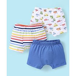 Babyhug 100% Cotton Car Printed Trunk Pack of 3 - White & Blue