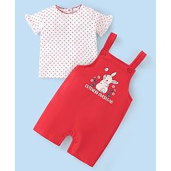 Babyhug 100% Cotton Knit Dungaree and Half Sleeves Top Set Bunny Print - Pink