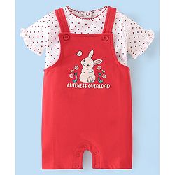 Babyhug 100% Cotton Knit Dungaree and Half Sleeves Top Set Bunny Print - Pink