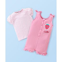 Babyhug 100% Cotton Knit Dungaree with Half Sleeves Striped Tee Strawberry Applique - Pink