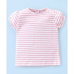 Babyhug 100% Cotton Knit Dungaree with Half Sleeves Striped Tee Strawberry Applique - Pink