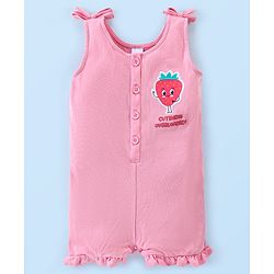 Babyhug 100% Cotton Knit Dungaree with Half Sleeves Striped Tee Strawberry Applique - Pink