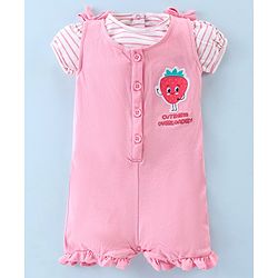 Babyhug 100% Cotton Knit Dungaree with Half Sleeves Striped Tee Strawberry Applique - Pink