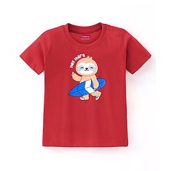 Babyhug Cotton Half Sleeves T-Shirt Sloth Print - Red