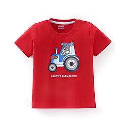 Babyhug Cotton Knit Half Sleeves T-Shirt with Tractor Print - Red