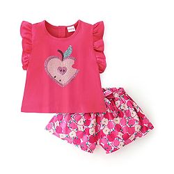 Babyhug 100% Cotton Knit Half Sleeves Top with Shorts Sequin Embellished & Apple Print - Dark Pink