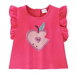 Babyhug 100% Cotton Knit Half Sleeves Top with Shorts Sequin Embellished & Apple Print - Dark Pink
