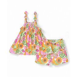 Babyhug 100% Cotton Knit Sleeveless Top and Shorts Fruits Print - Pink & Green