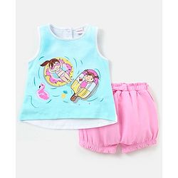 Babyhug 100% Cotton Sleeveless Top & Shorts Set Float Print - White Blue & Pink