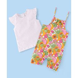 Babyhug 100% Cotton Knit Half sleeves Dungarees & Sets Girl With Back Snap Buttons Strawberry Print - White & Pink