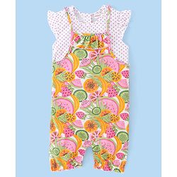 Babyhug 100% Cotton Knit Half sleeves Dungarees & Sets Girl With Back Snap Buttons Strawberry Print - White & Pink