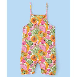 Babyhug 100% Cotton Knit Half sleeves Dungarees & Sets Girl With Back Snap Buttons Strawberry Print - White & Pink