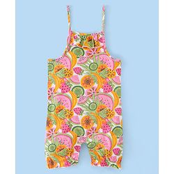 Babyhug 100% Cotton Knit Half sleeves Dungarees & Sets Girl With Back Snap Buttons Strawberry Print - White & Pink