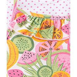 Babyhug 100% Cotton Knit Half sleeves Dungarees & Sets Girl With Back Snap Buttons Strawberry Print - White & Pink