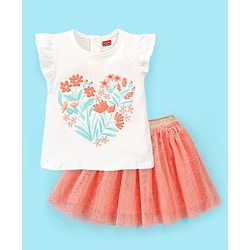 Babyhug 100% Cotton Half Sleeves Top & Skirt Set Floral Print- Peach