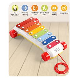 Babyhug Premium Pull Along Xylophone with 8 Notes & 2 Mallet- Yellow| First Musical Xylophone with Wheels for Baby & Toddlers| Preschool Musical Instruments & Activity Toys for 0-4 Years Kids| BIS Certified