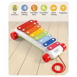 Babyhug Premium Pull Along Xylophone with 8 Notes & 2 Mallet- Yellow| First Musical Xylophone with Wheels for Baby & Toddlers| Preschool Musical Instruments & Activity Toys for 0-4 Years Kids| BIS Certified