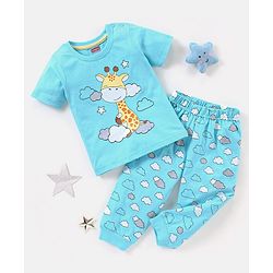 Babyhug Cotton Knit Half Sleeves Night Suit Giraffe Print - Blue