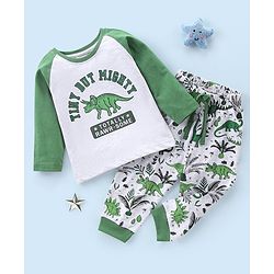 Babyhug Cotton Knit Raglan Sleeves Night Suit Dino Print - Green & Ecru