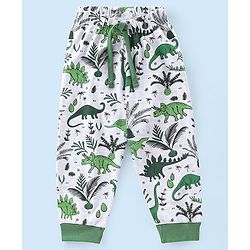Babyhug Cotton Knit Raglan Sleeves Night Suit Dino Print - Green & Ecru