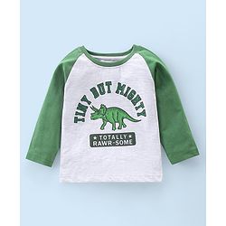 Babyhug Cotton Knit Raglan Sleeves Night Suit Dino Print - Green & Ecru
