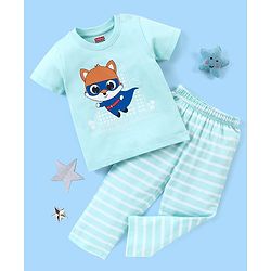 Babyhug Cotton Knit Half Sleeves Night Suit  Fox Print With Stripes -  Blue