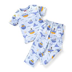 Babyhug Cotton Knit Half Sleeves Ship & Whale Print Night Suit - Blue