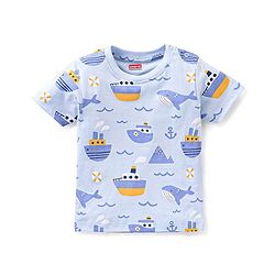 Babyhug Cotton Knit Half Sleeves Ship & Whale Print Night Suit - Blue