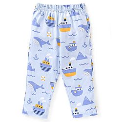 Babyhug Cotton Knit Half Sleeves Ship & Whale Print Night Suit - Blue