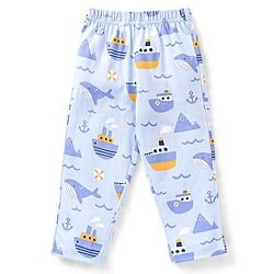 Babyhug Cotton Knit Half Sleeves Ship & Whale Print Night Suit - Blue
