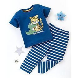 Babyhug Cotton Knit Half Sleeves Night Suit Leopard Print With Stripes - Navy Blue