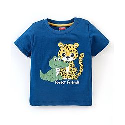 Babyhug Cotton Knit Half Sleeves Night Suit Leopard Print With Stripes - Navy Blue
