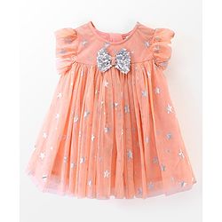 Babyhug Woven Frill Sleeves Party Frock with Sequin & Bow Corsage - Coral