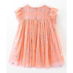 Babyhug Woven Frill Sleeves Party Frock with Sequin & Bow Corsage - Coral
