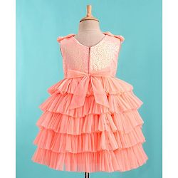 Babyhug Sleeveless Sequinned Tiered Party Frock with Bow Applique - Peach