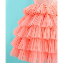 Babyhug Sleeveless Sequinned Tiered Party Frock with Bow Applique - Peach