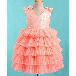 Babyhug Sleeveless Sequinned Tiered Party Frock with Bow Applique - Peach